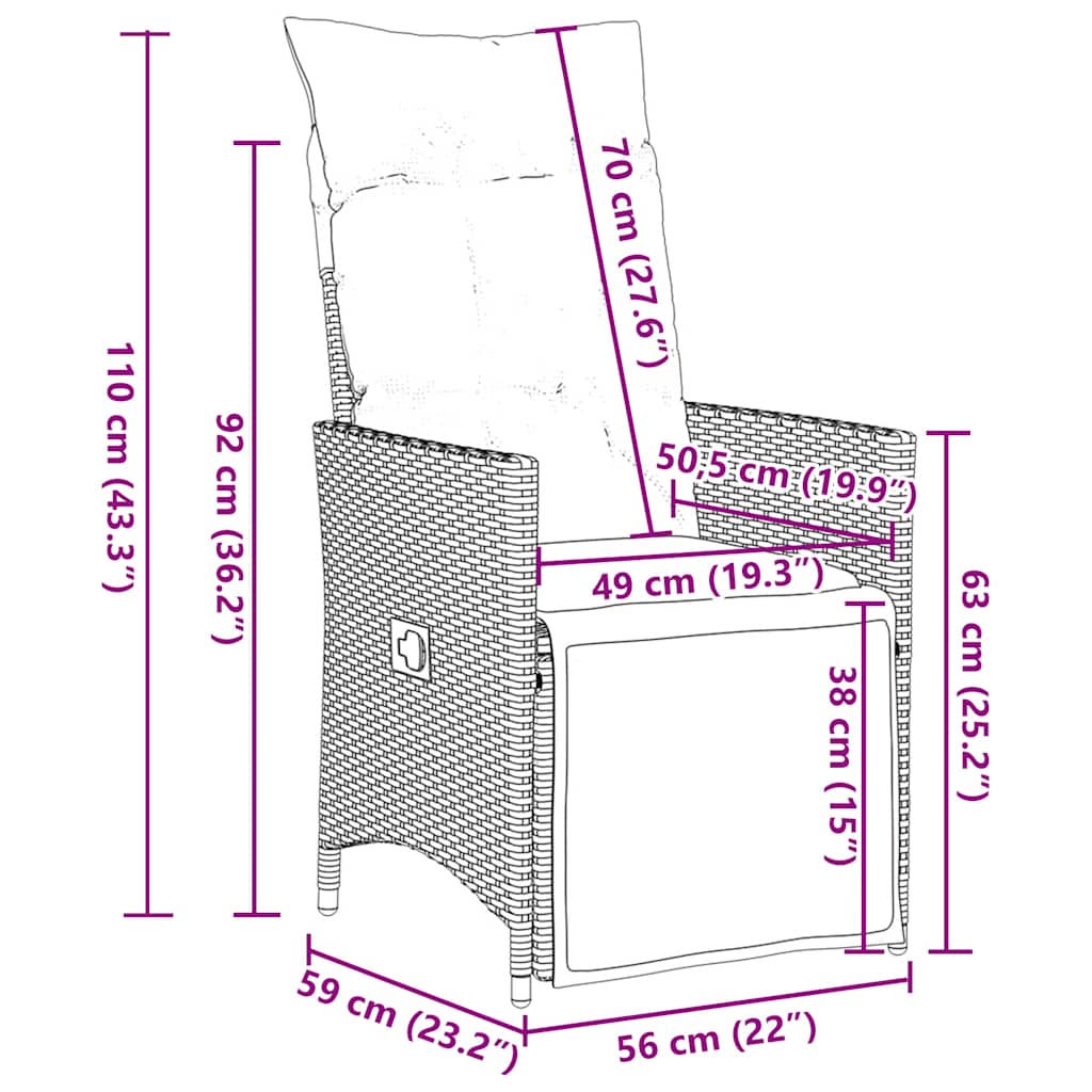 Sedie da giardino reclinabili 2 pz con cuscini grigie in polyrattan