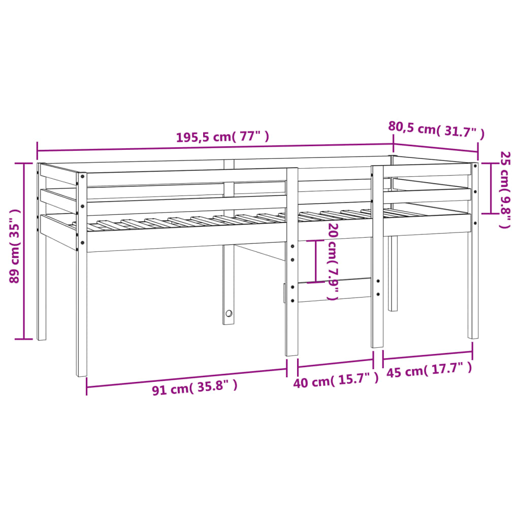 Letto a Soppalco Marrone Cera 75x190 cm Legno Massello di Pino | homemem39