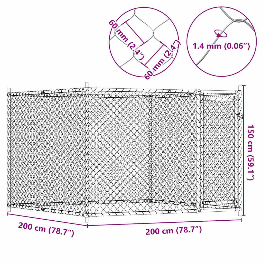 Gabbia per Cani con Porta Grigia 2x2x1,5 m in Acciaio Zincato | homemem39