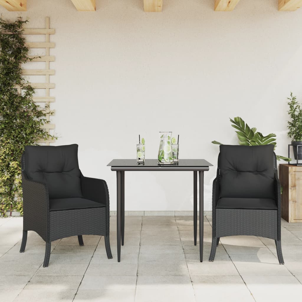 Set da Pranzo da Giardino 3 pz con Cuscini Nero in Polyrattan - homemem39