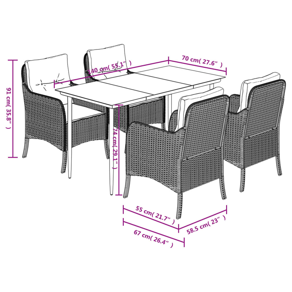 Set da Pranzo da Giardino 5 pz Nero con Cuscini in Polyrattan - homemem39