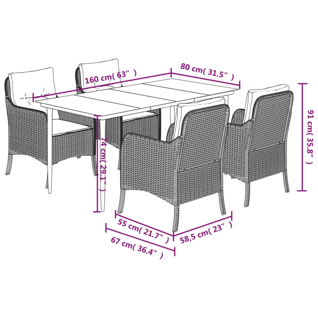 Set da Pranzo da Giardino 5 pz Nero con Cuscini in Polyrattan - homemem39