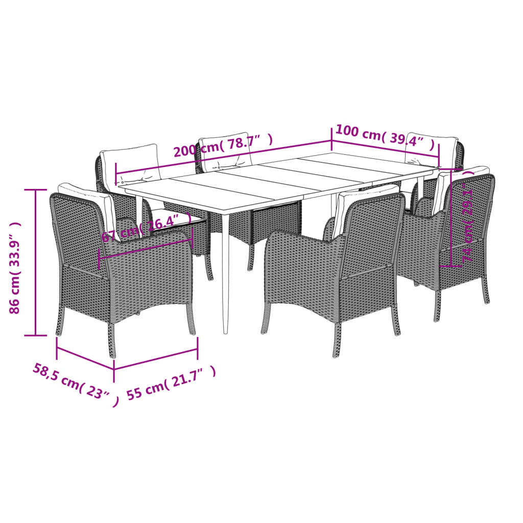 Set da Pranzo da Giardino 7 pz Nero con Cuscini in Polyrattan - homemem39