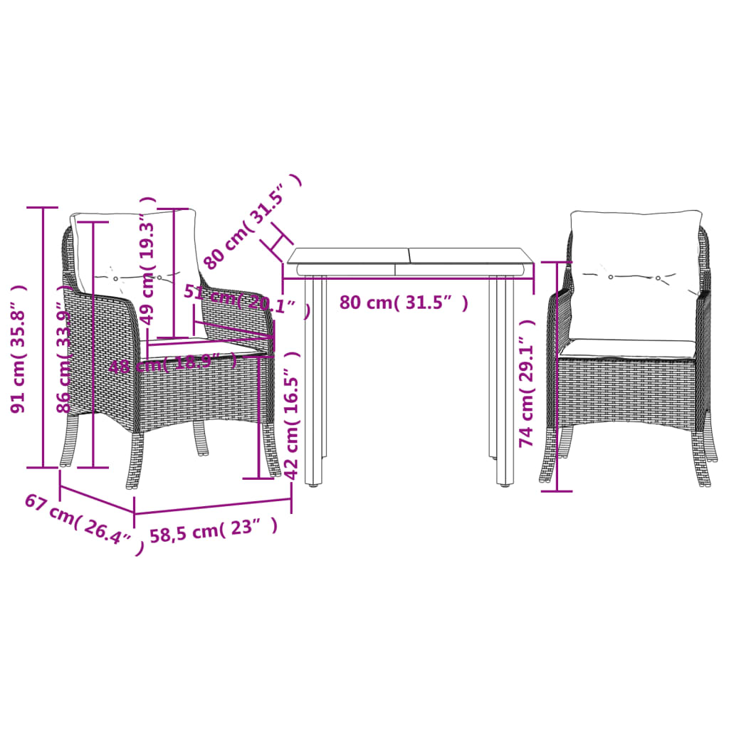 Set da Pranzo da Giardino 3 pz con Cuscini Nero in Polyrattan - homemem39
