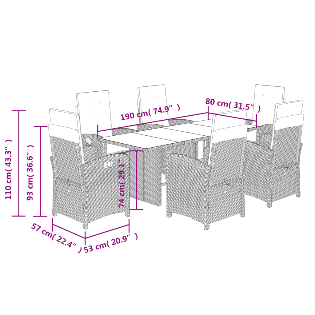 Set da Pranzo da Giardino 7 pz Cuscini Polyrattan Grigio Chiaro - homemem39