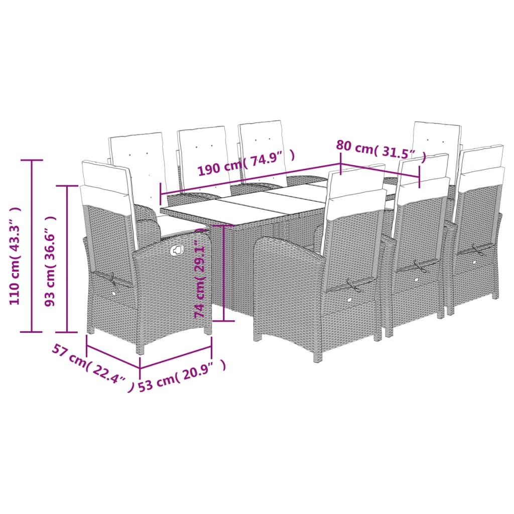 Set Pranzo da Giardino 9pz con Cuscini Grigio Chiaro Polyrattan - homemem39