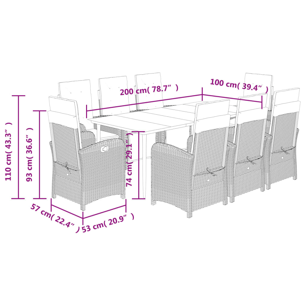 Set Pranzo da Giardino 9pz con Cuscini Grigio Chiaro Polyrattan - homemem39