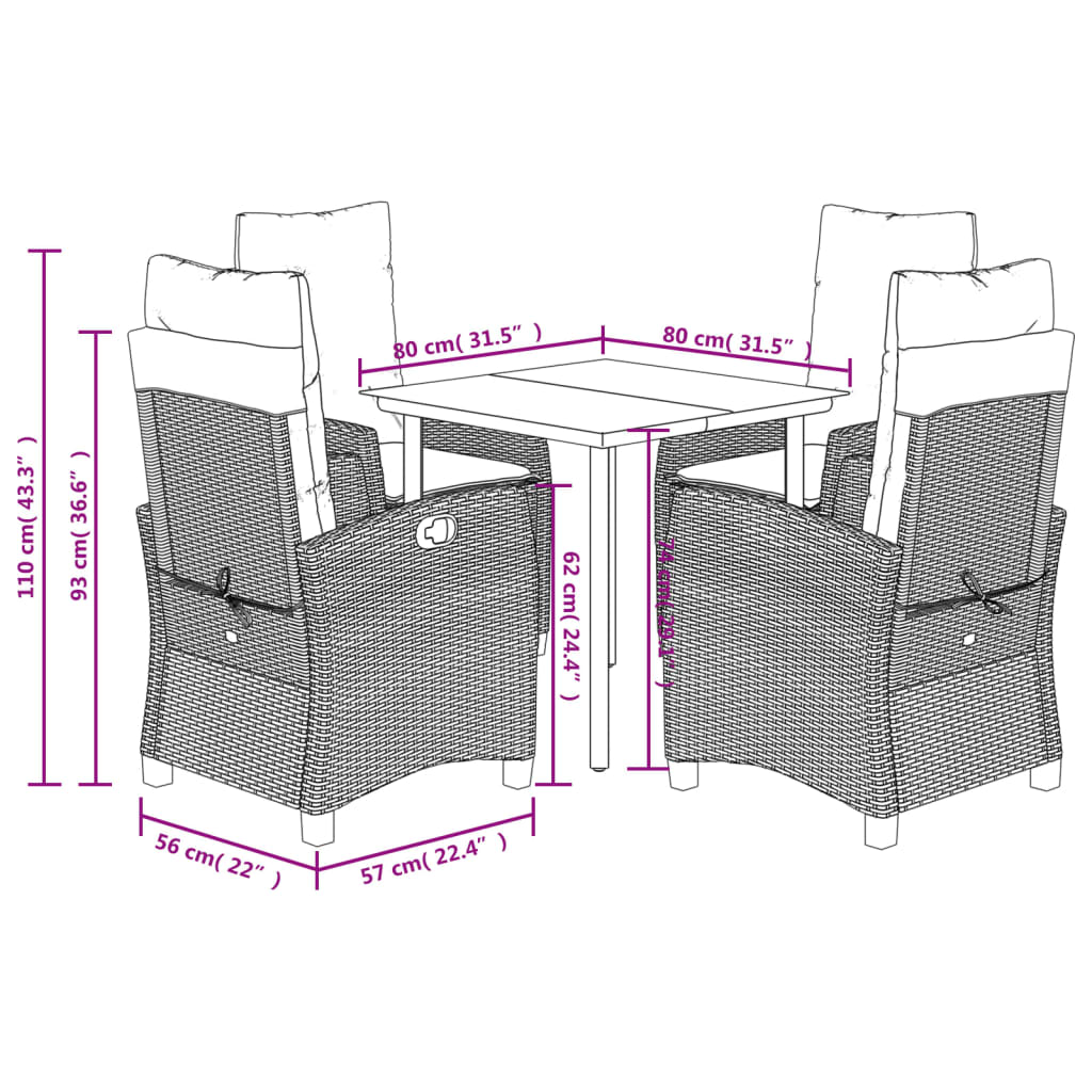 Set da Pranzo da Giardino 5 pz Nero con Cuscini in Polyrattan | homemem39