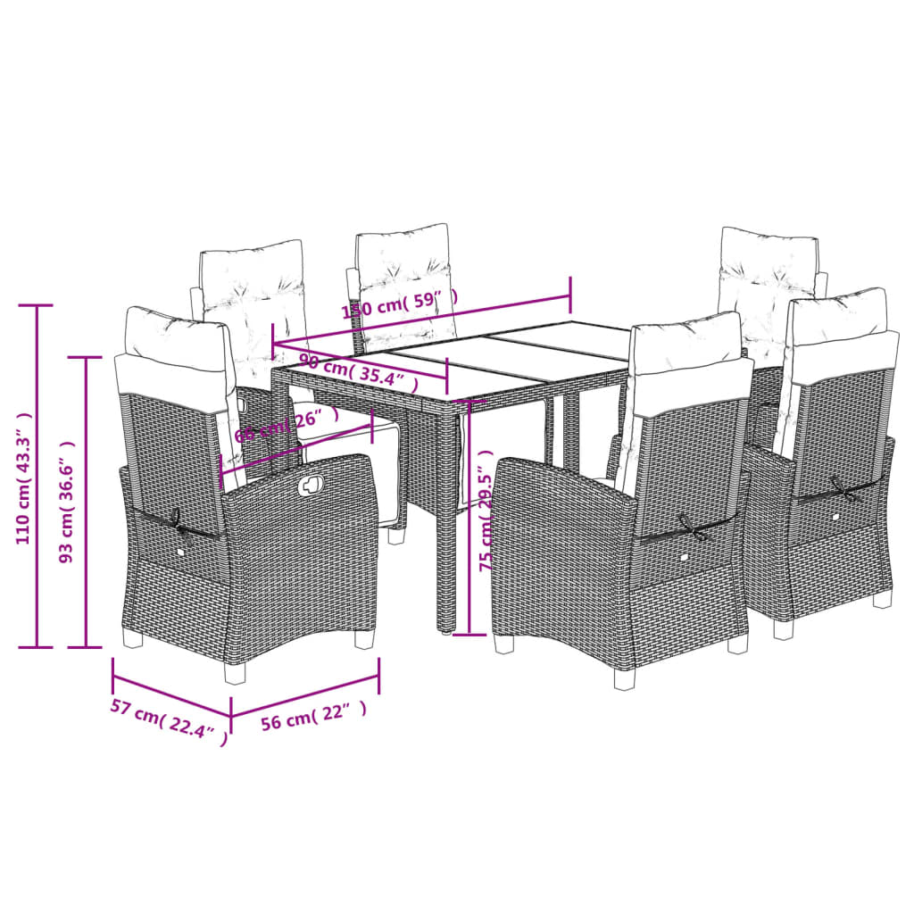 Set da Pranzo da Giardino 7 pz Nero con Cuscini in Polyrattan - homemem39