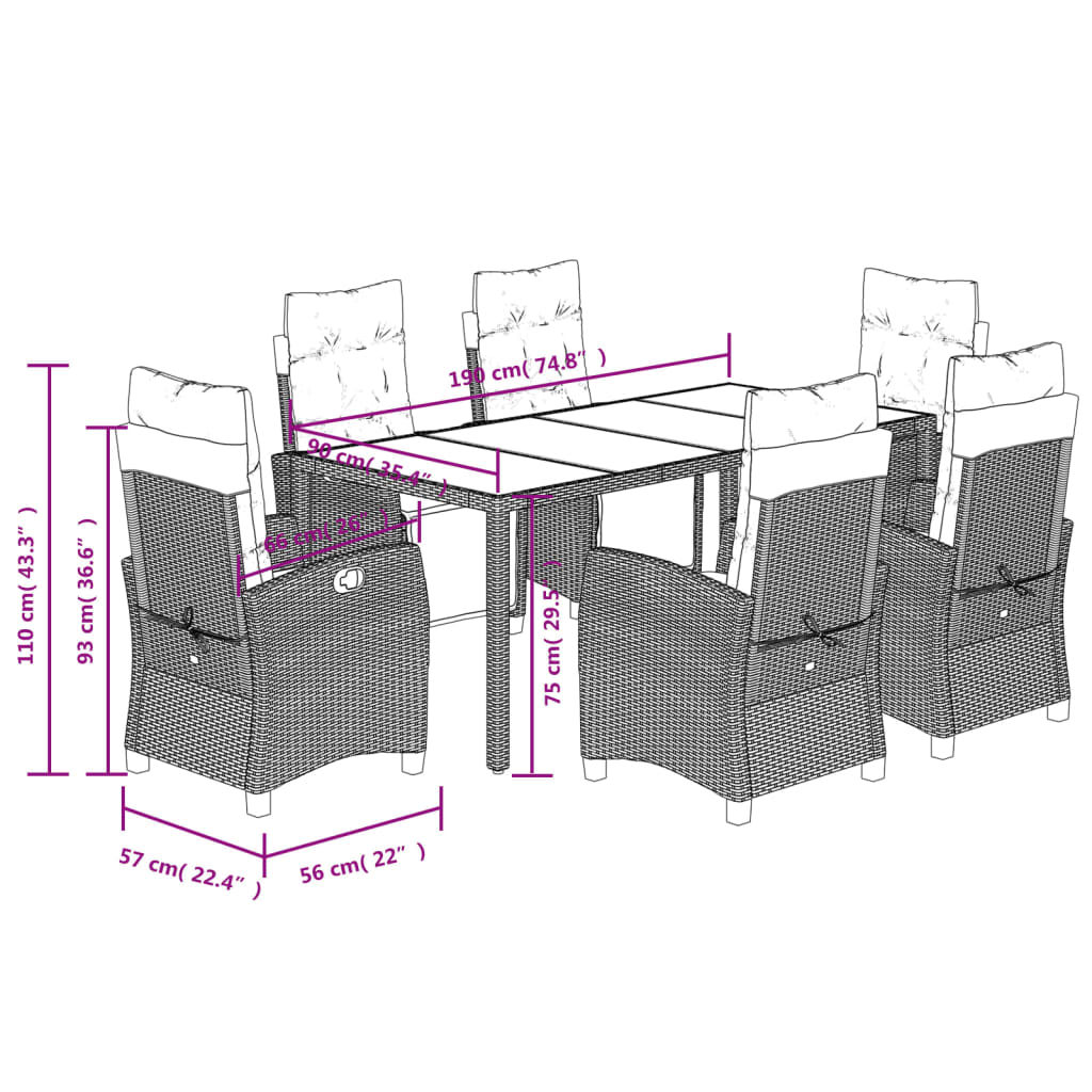 Set da Pranzo da Giardino 7 pz Nero con Cuscini in Polyrattan - homemem39