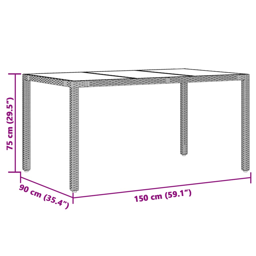 Tavolo da Giardino Piano in Vetro Nero 150x90x75 cm Polyrattan | homemem39