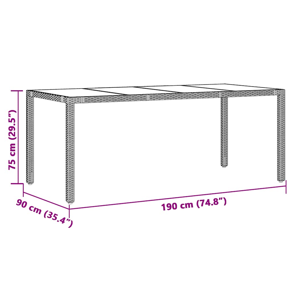 Tavolo da Giardino Piano in Vetro Nero 190x90x75 cm Polyrattan | homemem39