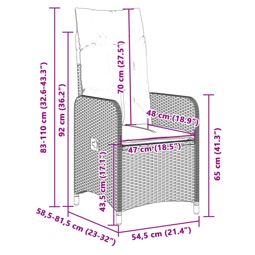 Sedie da giardino reclinabili 2 pz con cuscini grigie in polyrattan