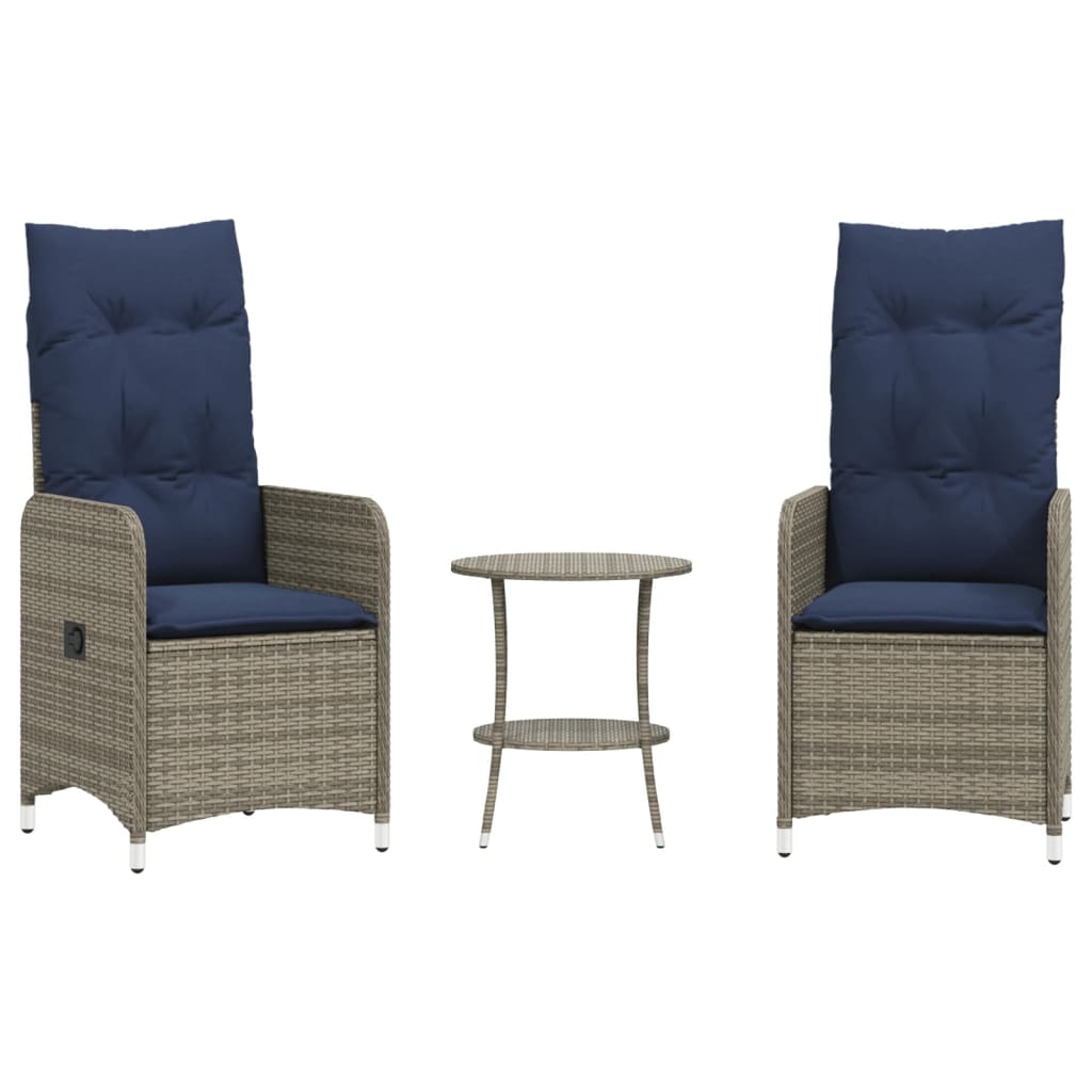 Sedie da giardino reclinabili 2 pz con tavolo grigio in polyrattan