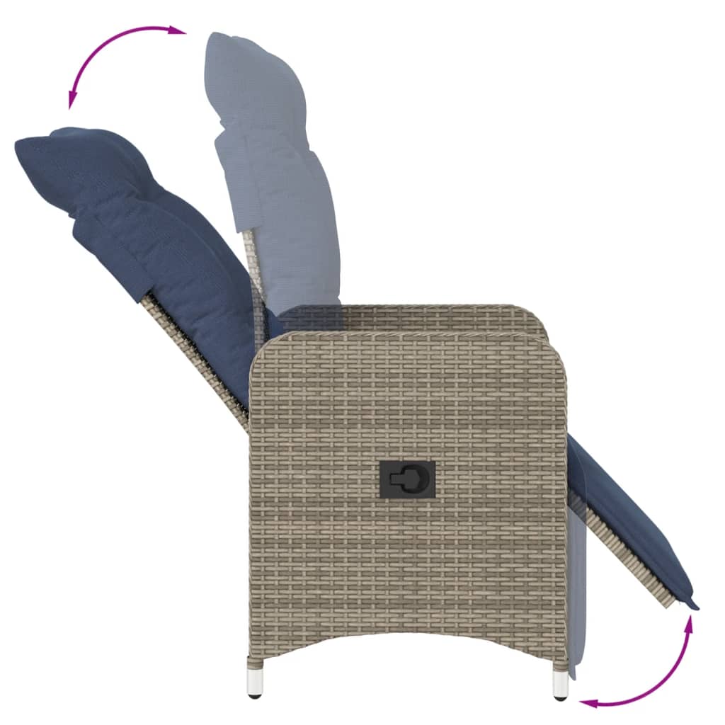 Sedie da giardino reclinabili 2 pz con tavolo grigio in polyrattan