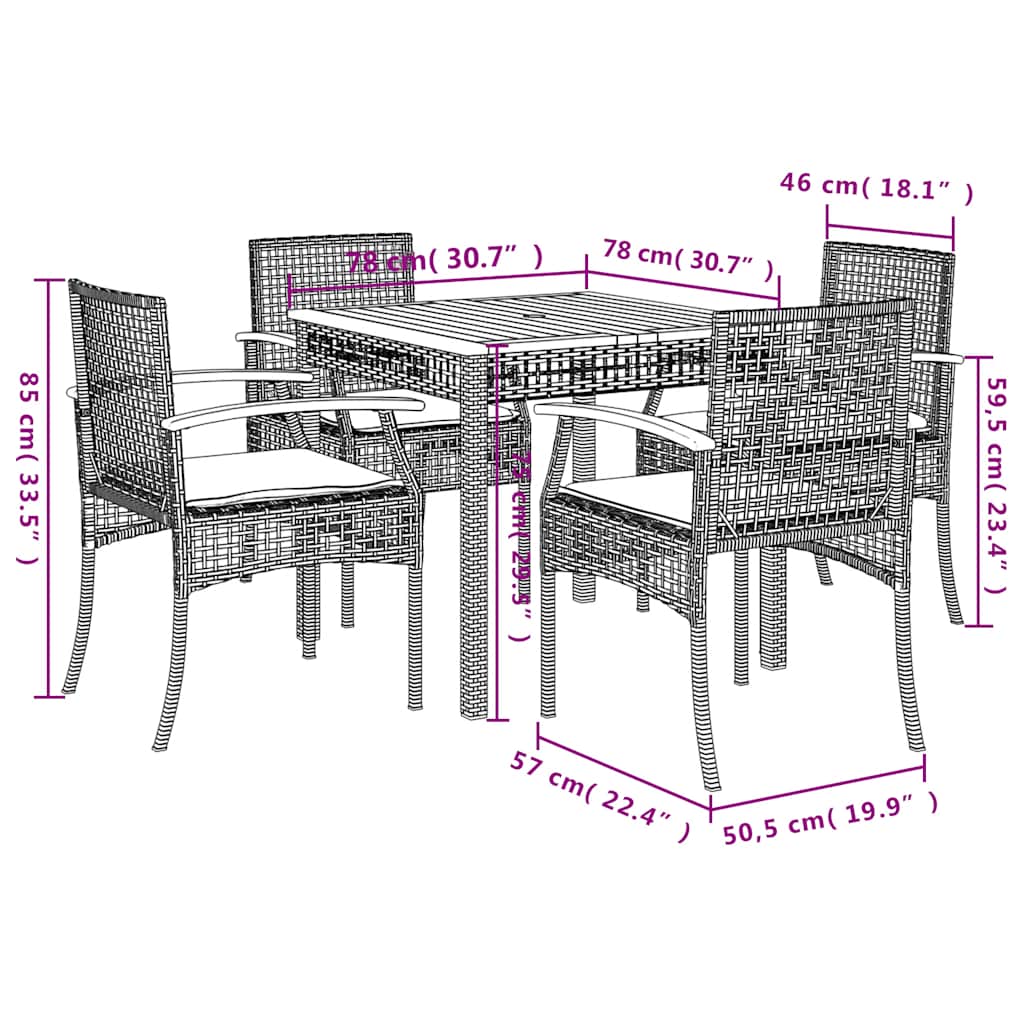 Set da Pranzo da Giardino 5 pz con Cuscini in Polyrattan Grigio | homemem39
