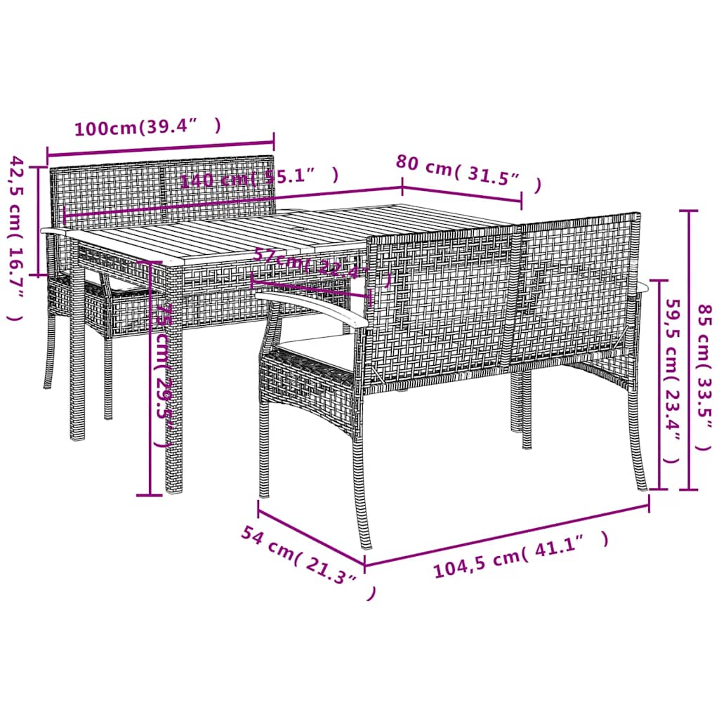 Set da Pranzo da Giardino 3 pz con Cuscini in Polyrattan Grigio | homemem39
