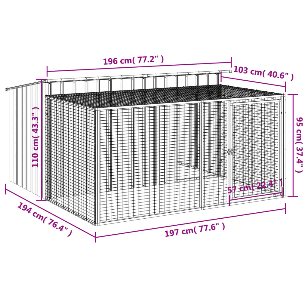 Casetta Cani con Corsa Antracite 197x194x110 cm Acciaio Zincato - homemem39