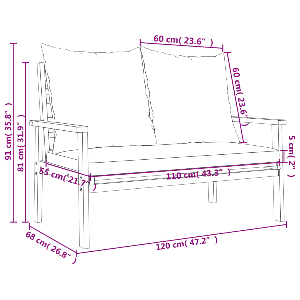 Panca Divano da Giardino 120 cm Cuscini Legno Massello Acacia | homemem39