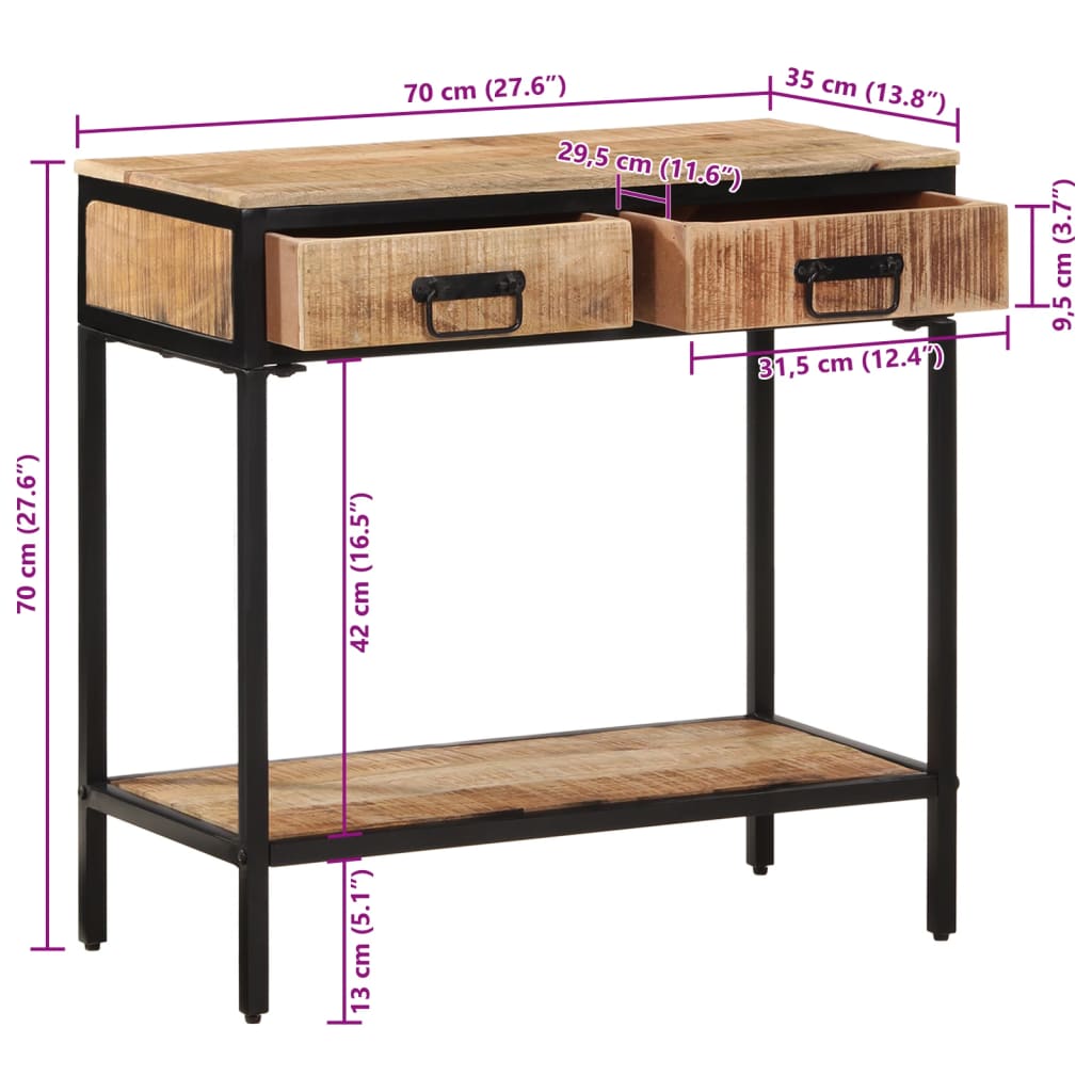 Tavolo Consolle 70x35x70 cm in Legno Massello di Mango Grezzo
