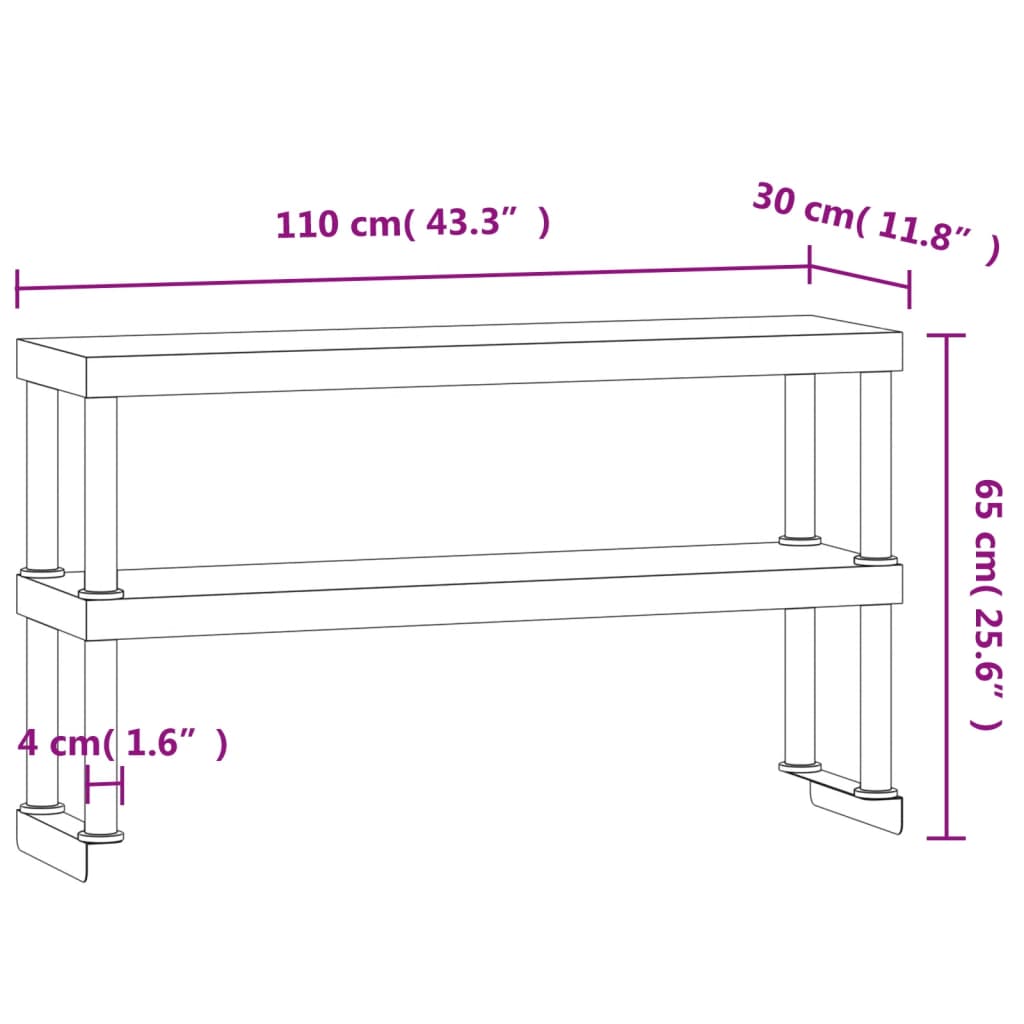Ripiano per Tavolo da Lavoro 2 Piani 110x30x65 cm Acciaio Inox | homemem39
