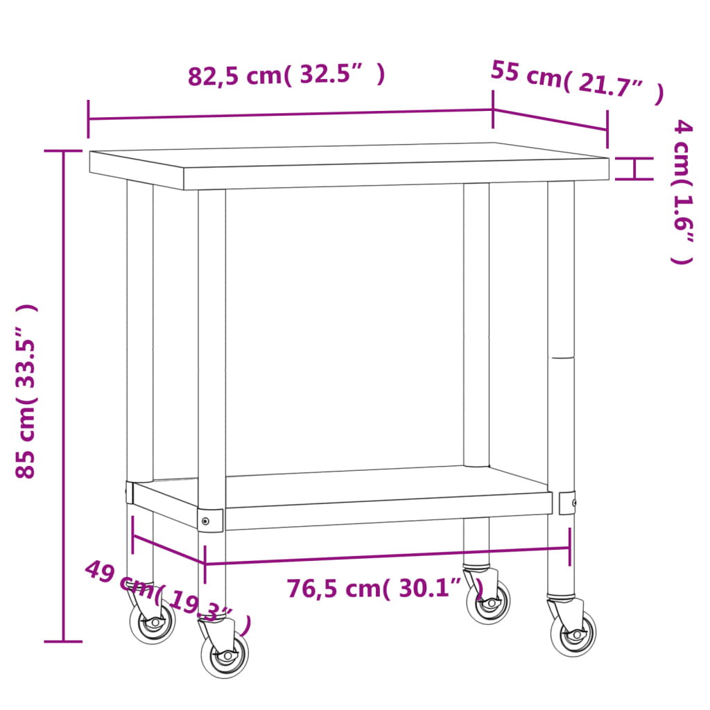 Tavolo da Lavoro Cucina con Ruote 82,5x55x85 cm in Acciaio Inox | homemem39