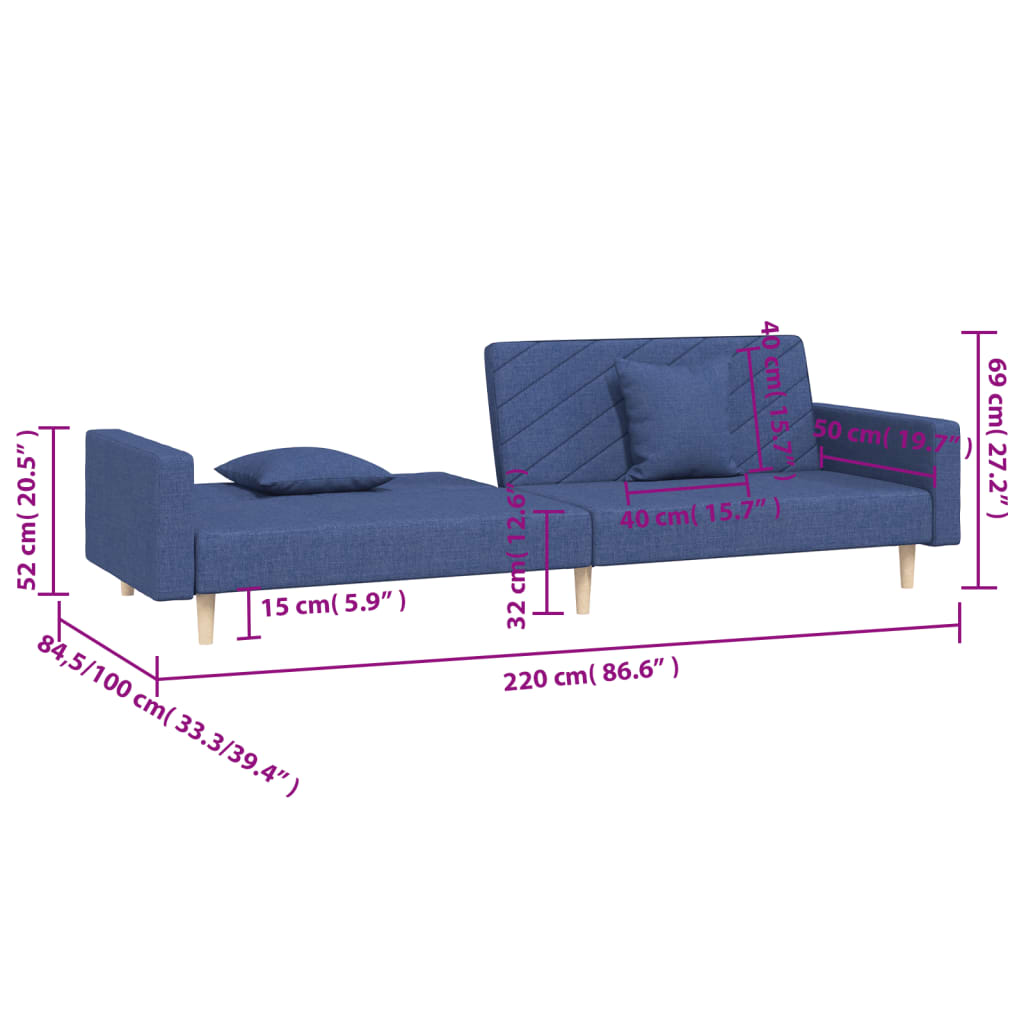 Divano Letto a 2 Posti con 2 Cuscini Blu in Tessuto | homemem39
