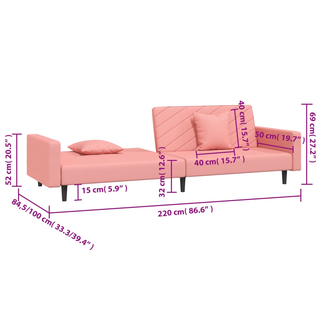 Divano Letto a 2 Posti con 2 Cuscini Rosa in Velluto | homemem39