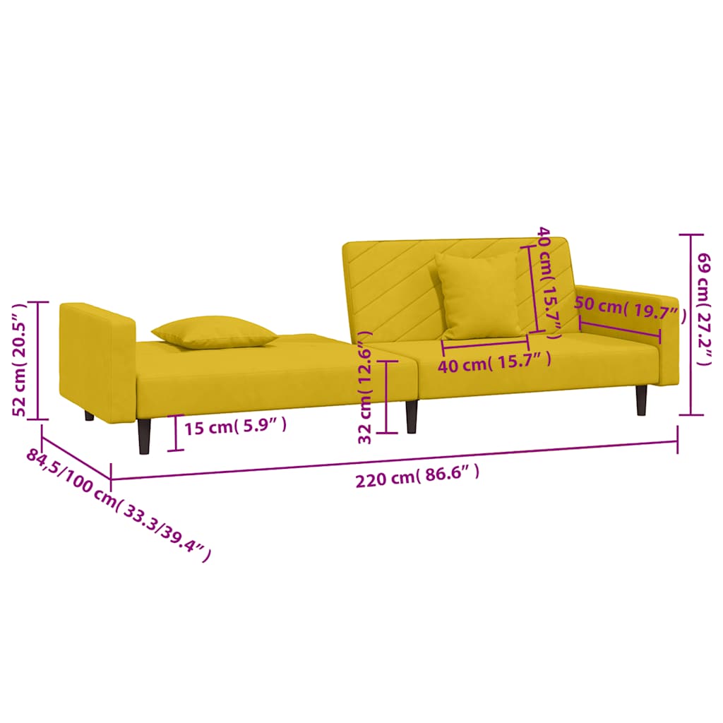 Divano Letto a 2 Posti con 2 Cuscini Giallo in Velluto - homemem39