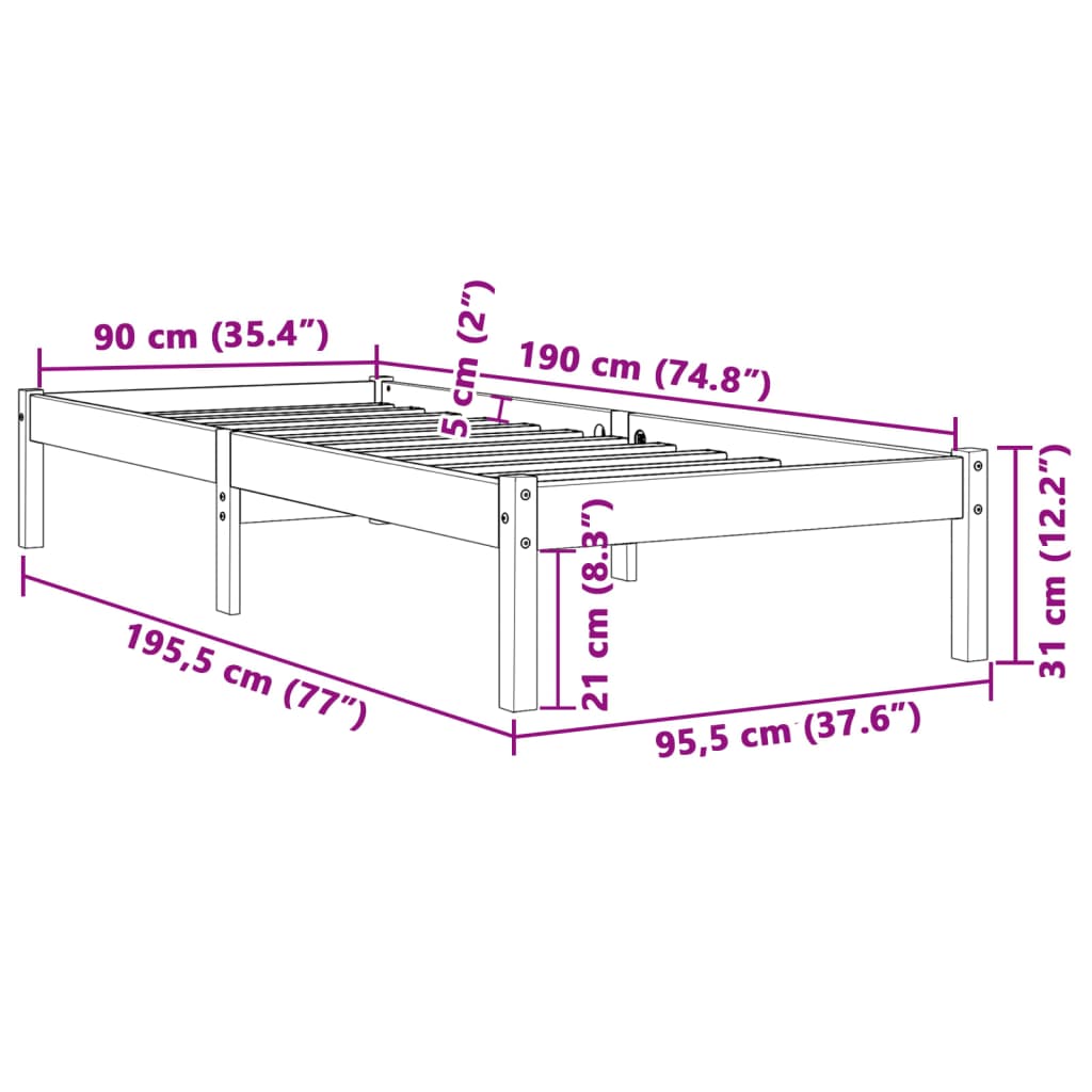 Letto senza Materasso Marrone Cera 90x190 cm in Legno di Pino | homemem39