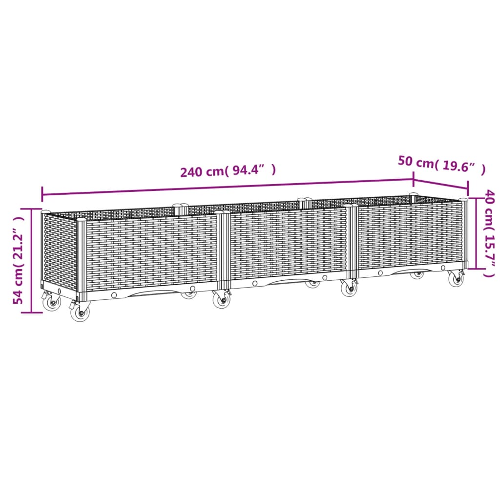 Fioriera da Giardino con Ruote Grigio Chiaro 240x50x54 cm in PP