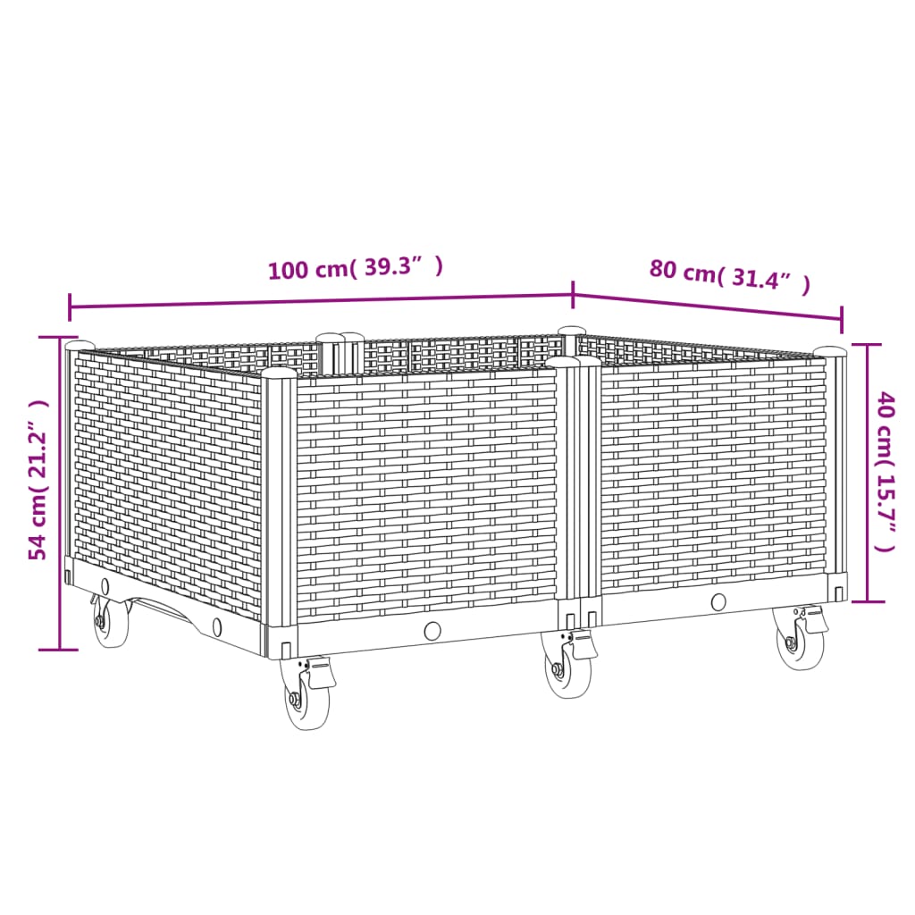 Fioriera da Giardino con Ruote Nera 100x80x54 cm in PP - homemem39