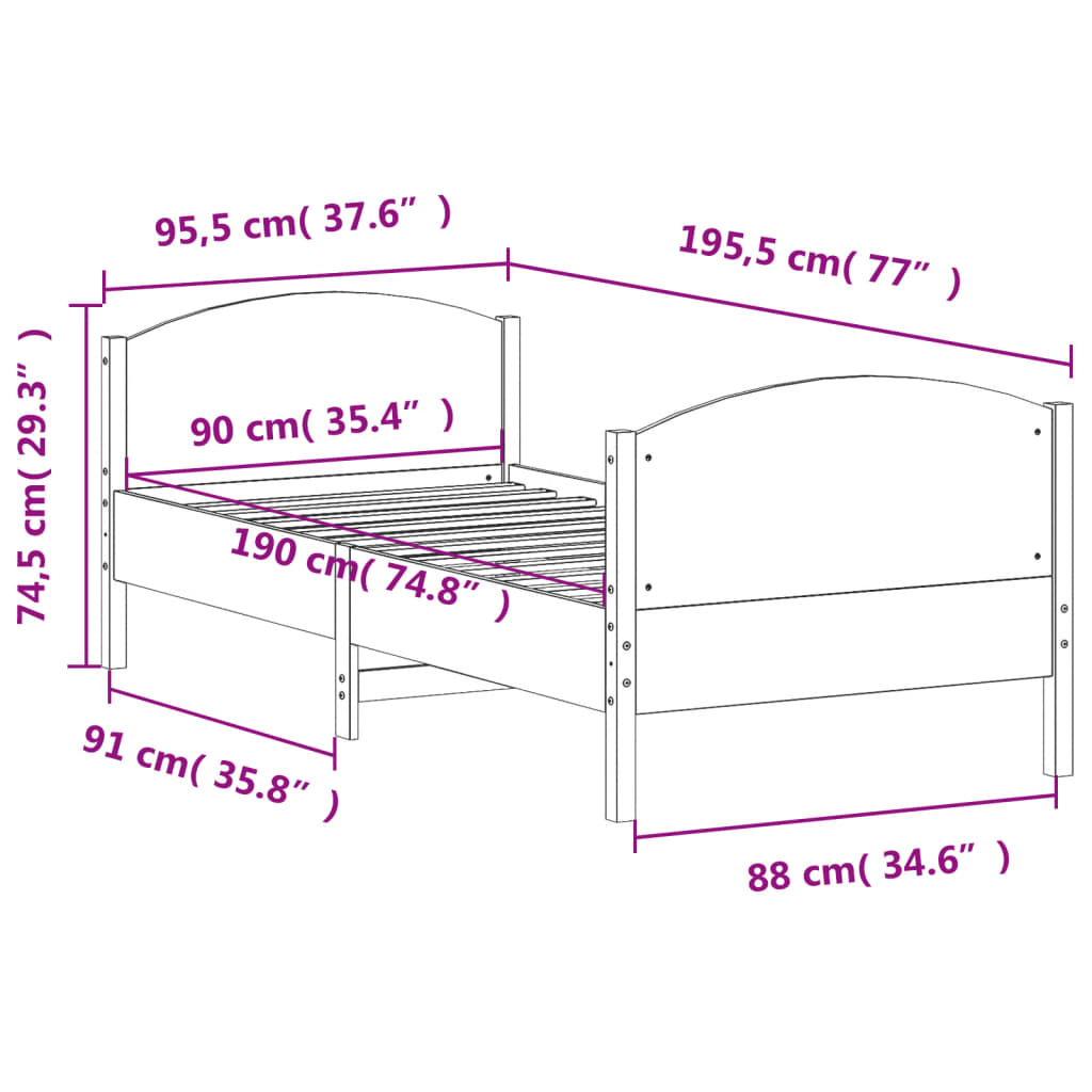Letto senza Materasso 90x190 cm in Legno Massello di Pino - homemem39