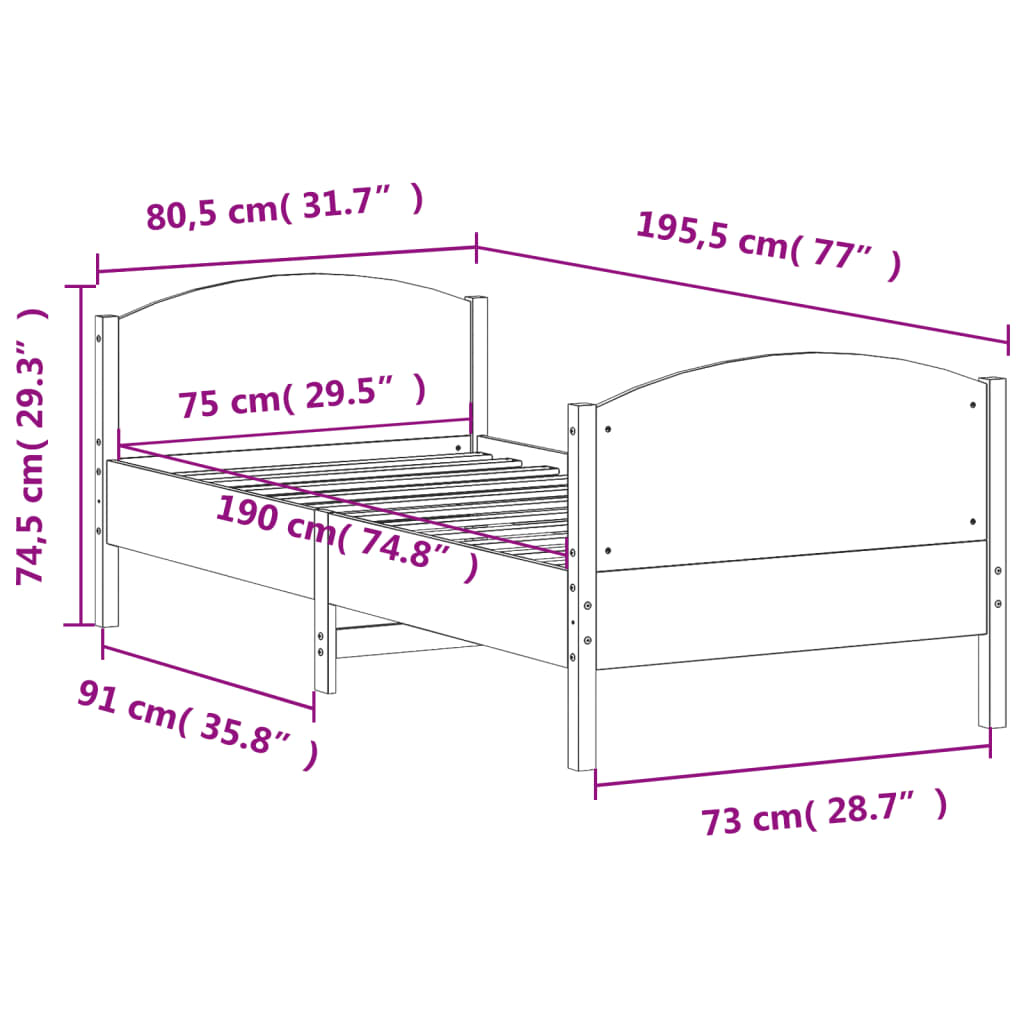 Letto senza Materasso 75x190 cm in Legno Massello Pino - homemem39