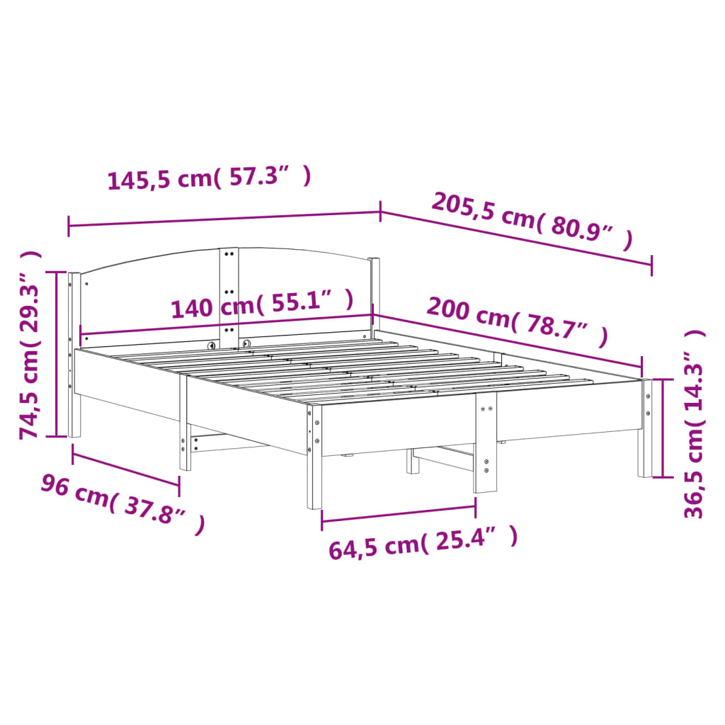 Letto senza Materasso 140x200 cm in Legno Massello di Pino - homemem39