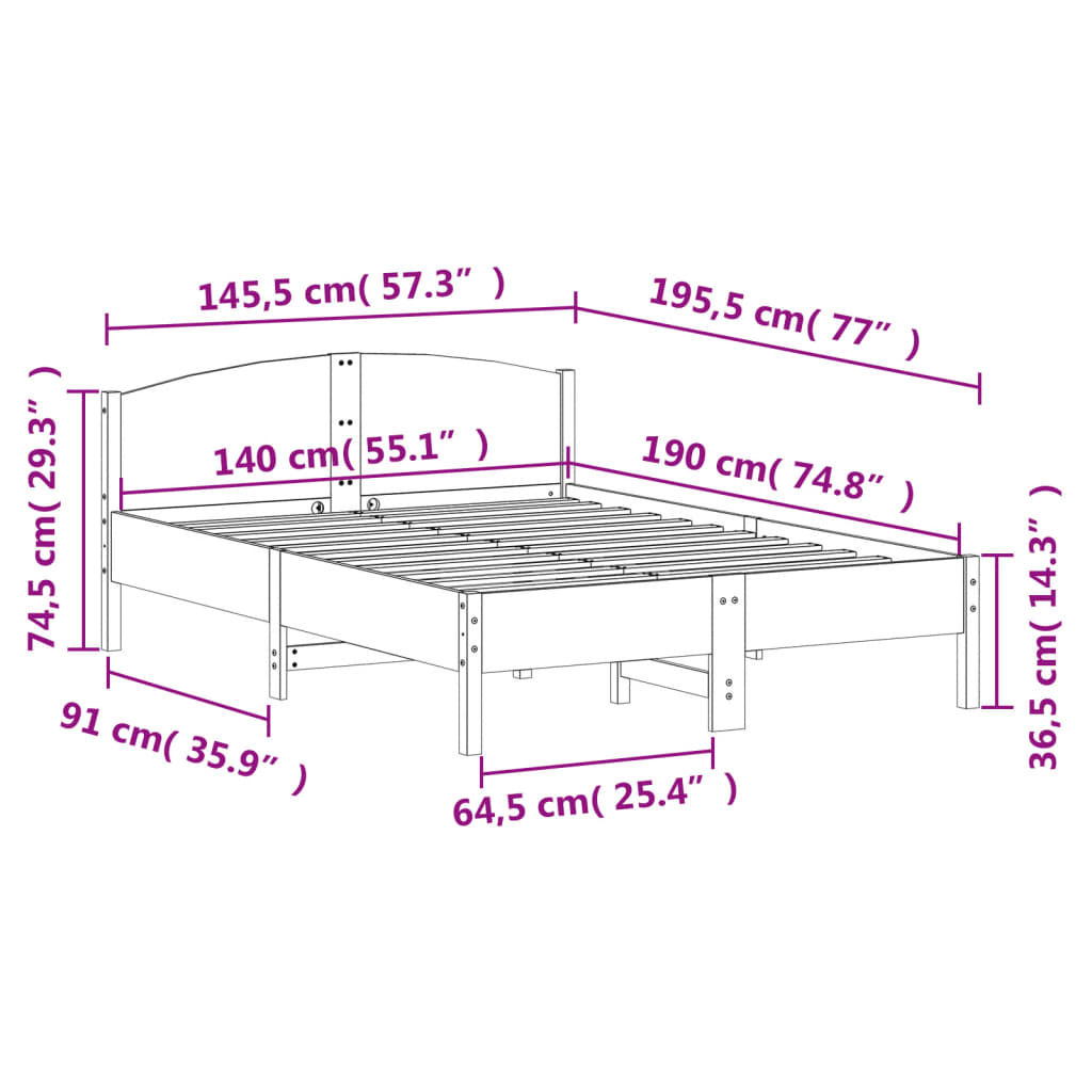 Letto senza Materasso 140x190 cm in Legno Massello di Pino - homemem39