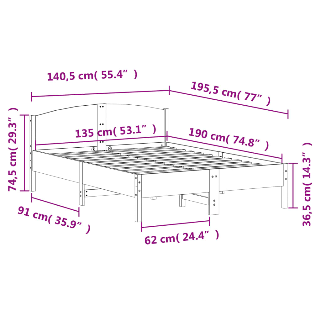 Letto senza Materasso 135x190 cm in Legno Massello di Pino - homemem39