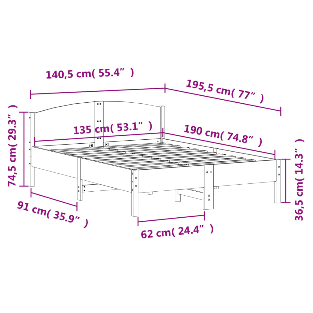 Letto senza Materasso Bianco 135x190 cm Legno Massello di Pino - homemem39