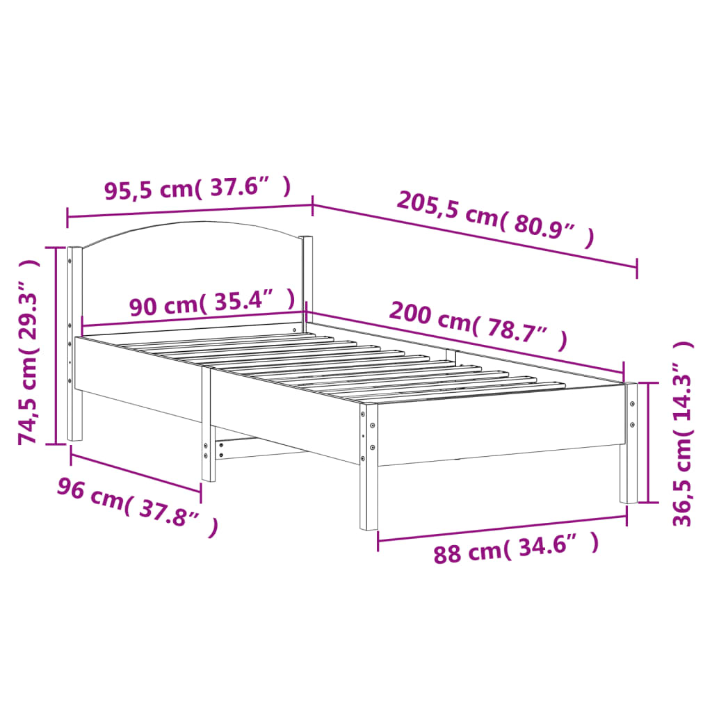 Letto senza Materasso Bianco 90x200 cm Legno Massello di Pino - homemem39