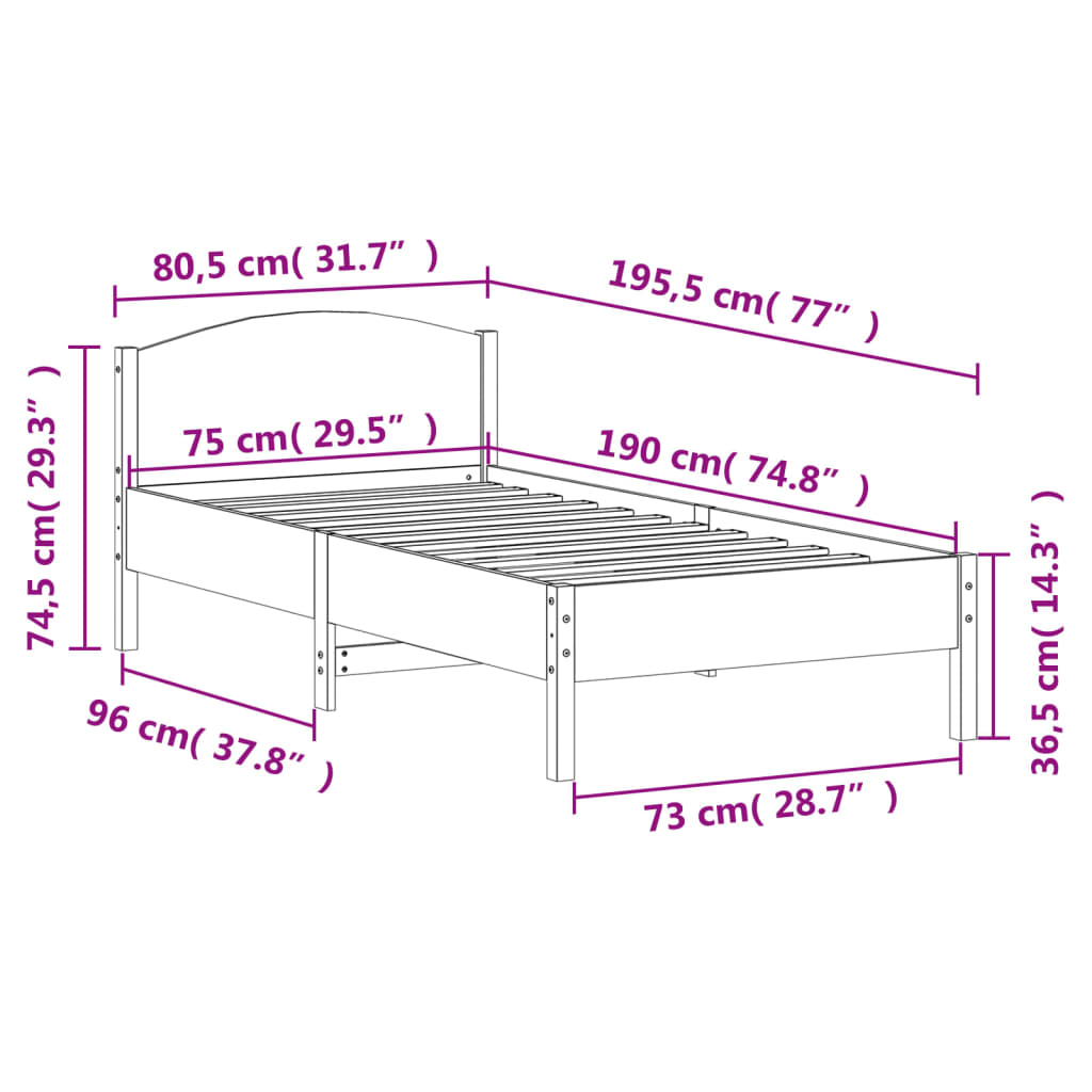 Letto senza Materasso Bianco 75x190 in Legno Massello di Pino - homemem39