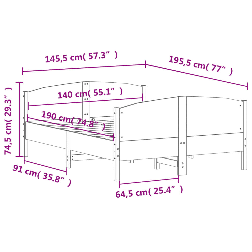 Letto senza Materasso Bianco 140x190 cm Legno Massello di Pino | homemem39