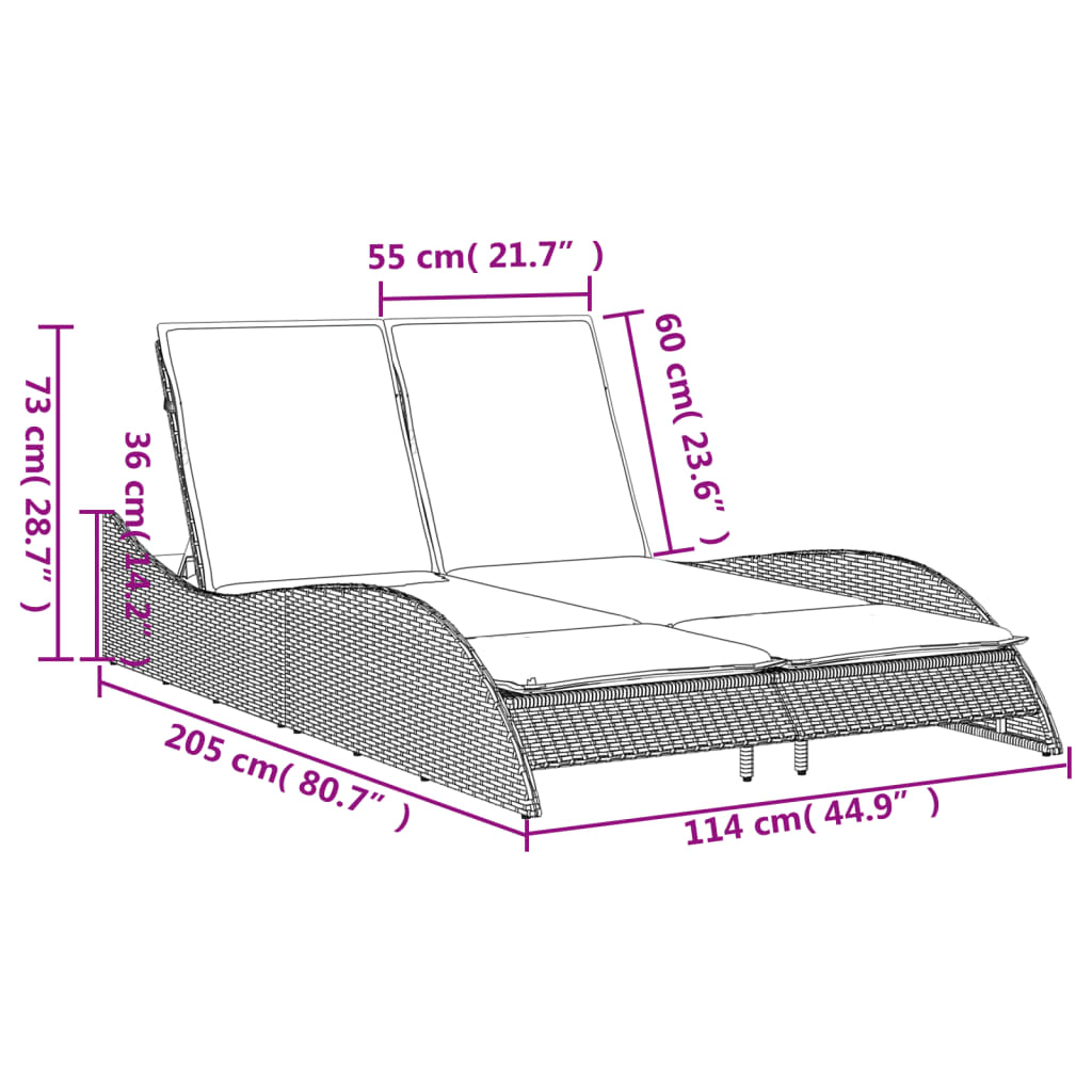 Lettino Prendisole con Cuscini Nero 114x205x73 cm in Polyrattan | homemem39