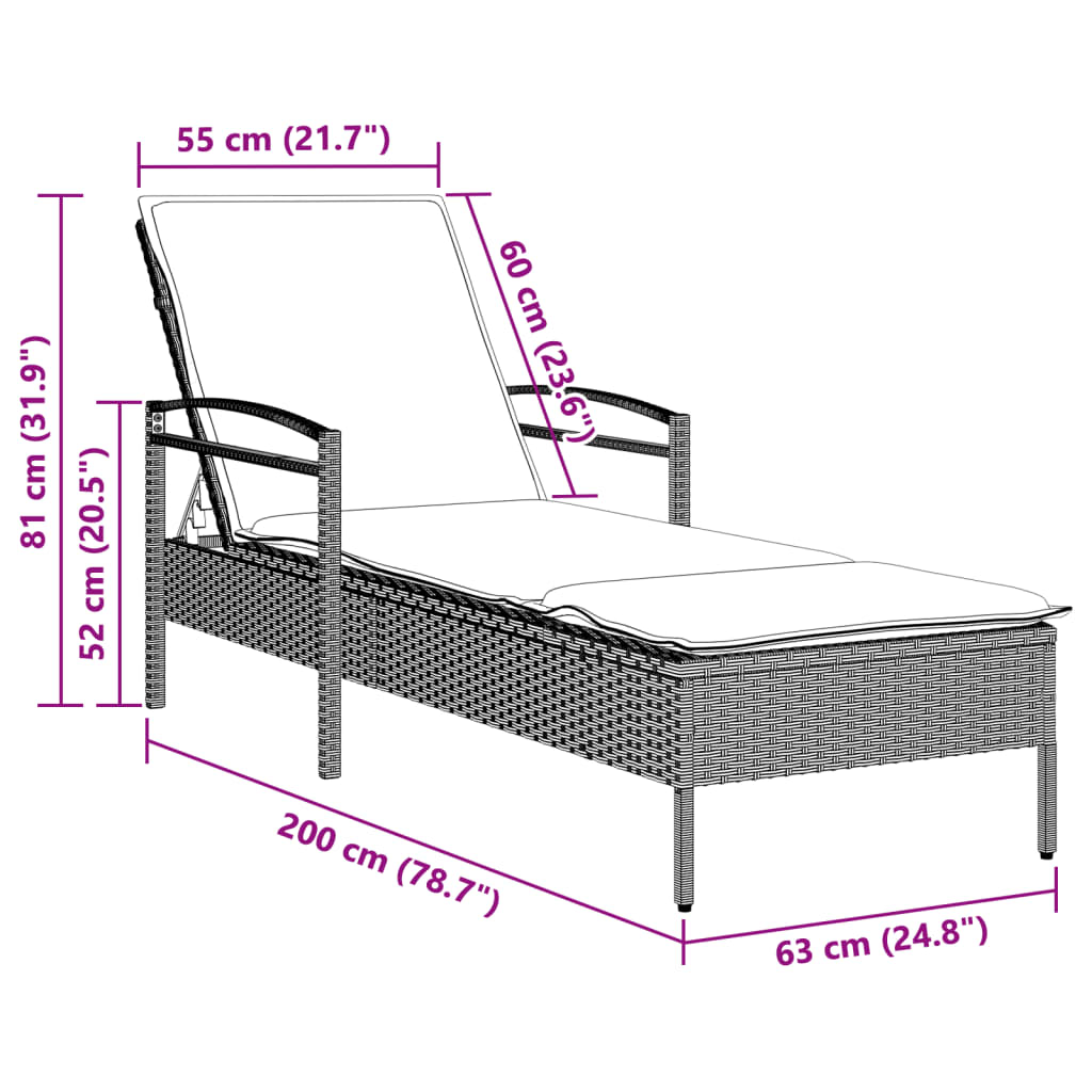 Lettino con Cuscino Grigio Chiaro 63x200x81 cm in Polyrattan | homemem39