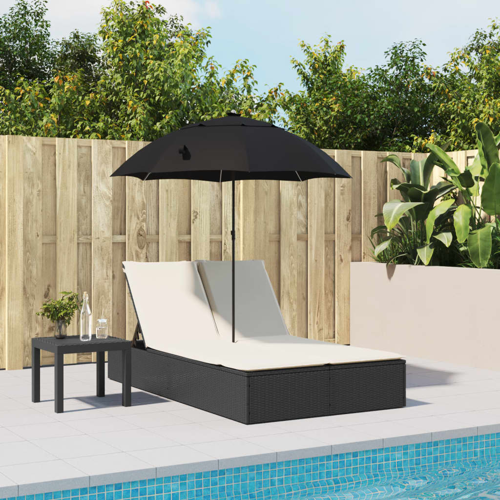 Lettino Prendisole Doppio Cuscini e Parasole Nero in Polyrattan - homemem39