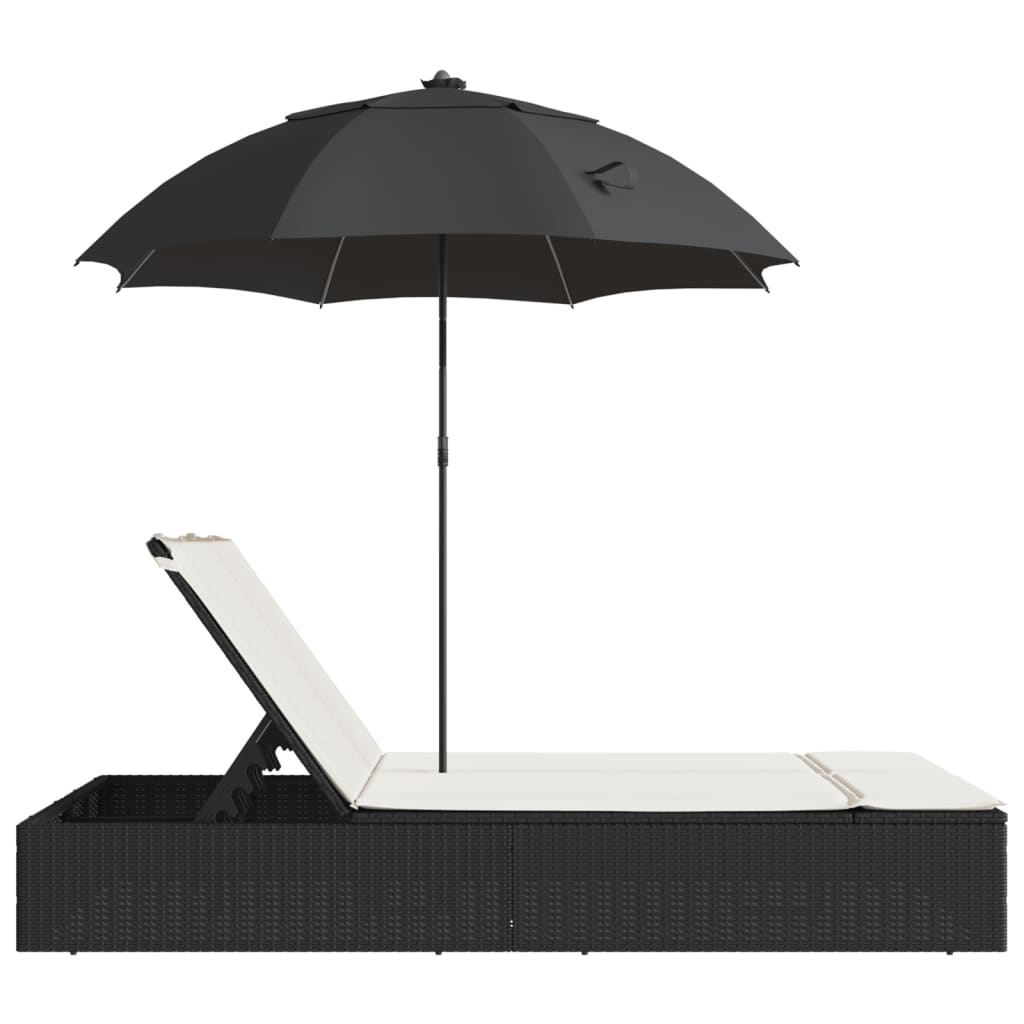 Lettino Prendisole Doppio Cuscini e Parasole Nero in Polyrattan - homemem39