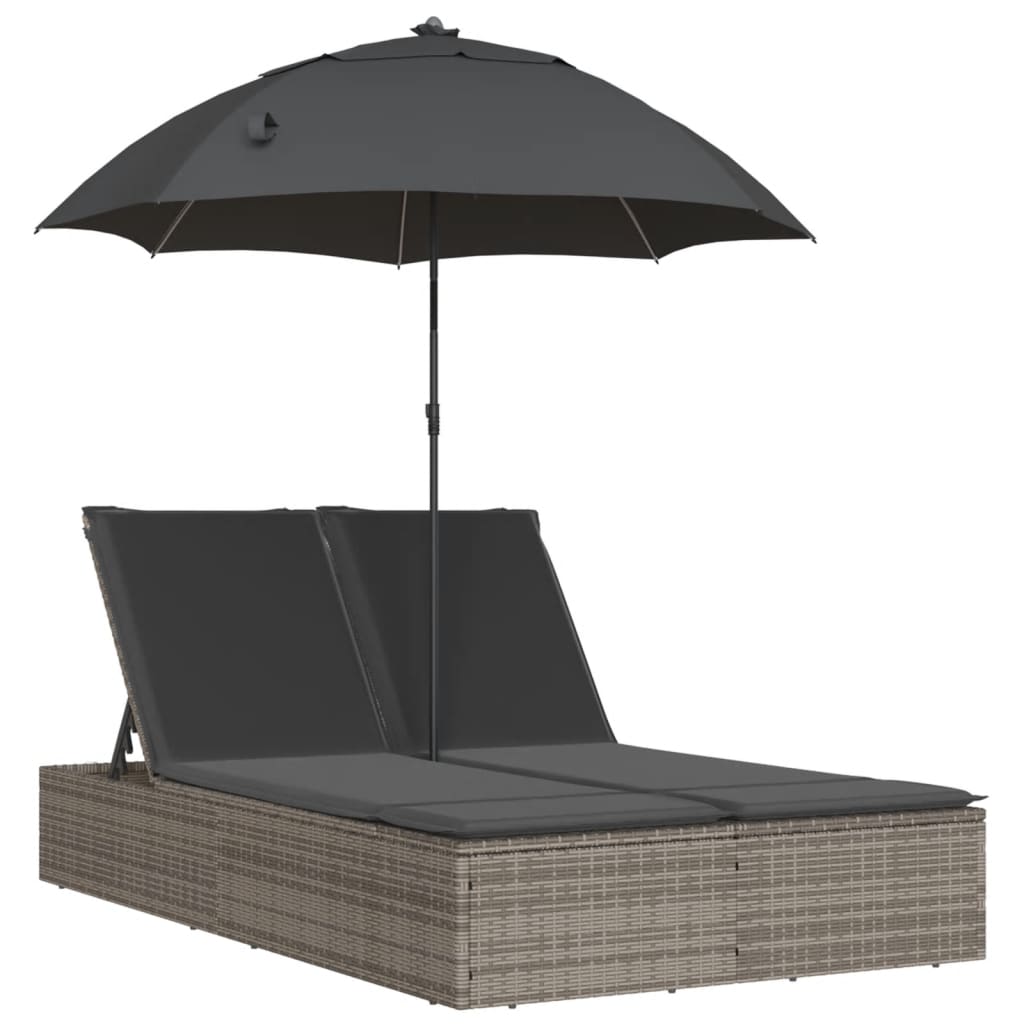 Lettino Prendisole Doppio Cuscini e Parasole Grigio Polyrattan - homemem39
