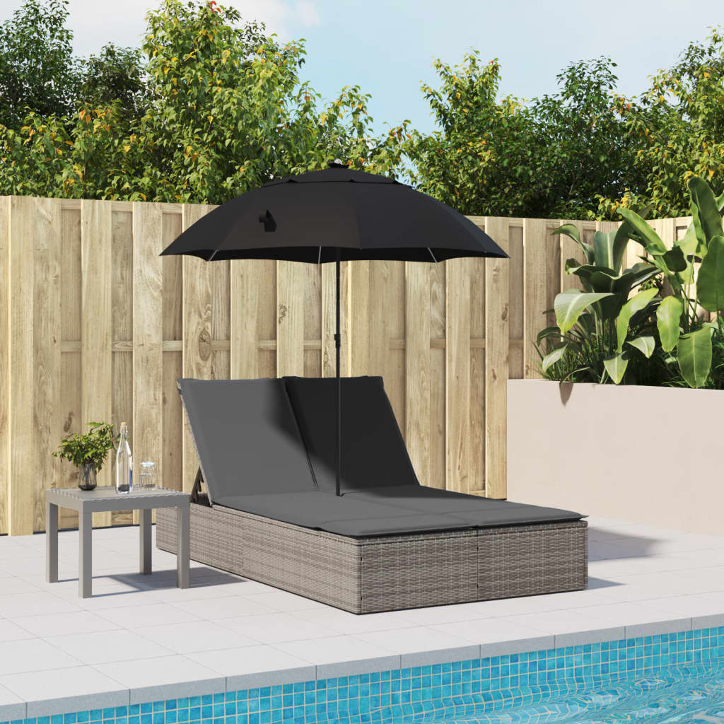 Lettino Prendisole Doppio Cuscini e Parasole Grigio Polyrattan - homemem39