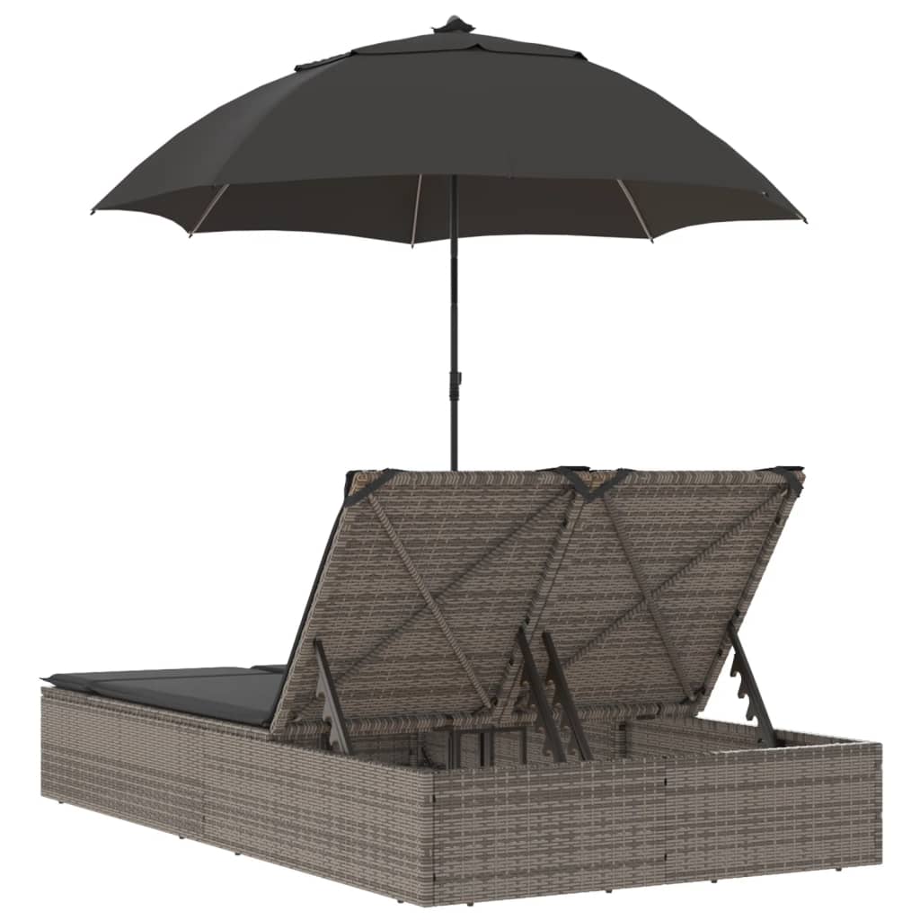 Lettino Prendisole Doppio Cuscini e Parasole Grigio Polyrattan - homemem39