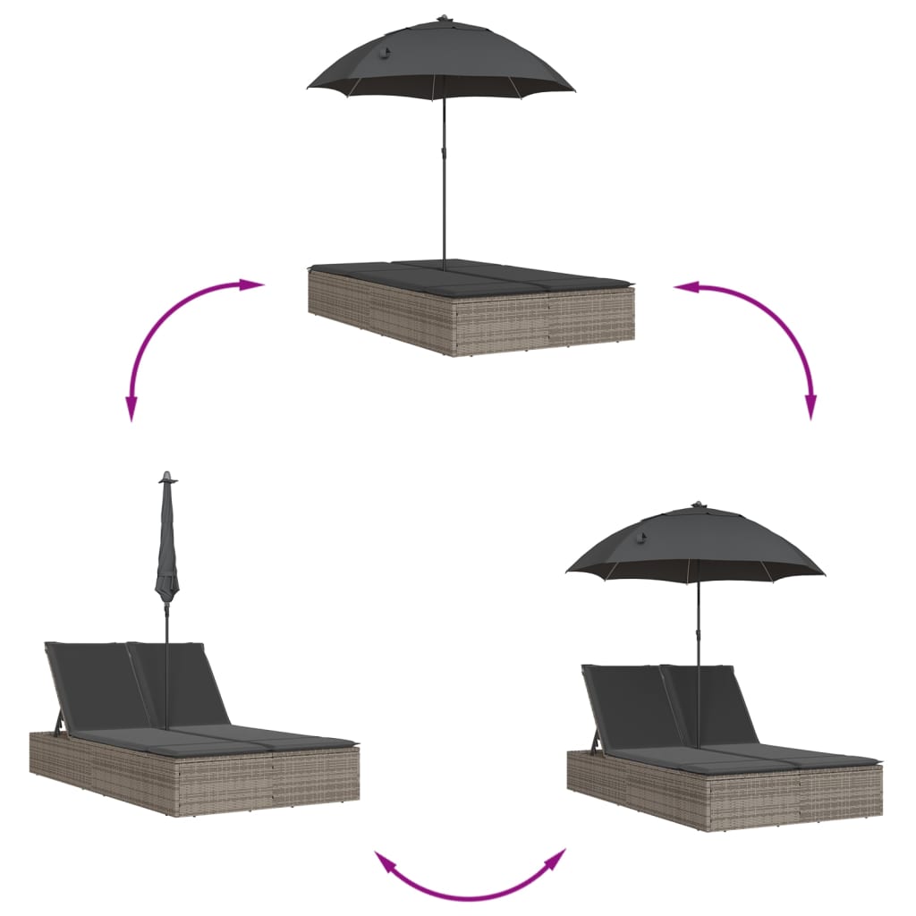 Lettino Prendisole Doppio Cuscini e Parasole Grigio Polyrattan - homemem39