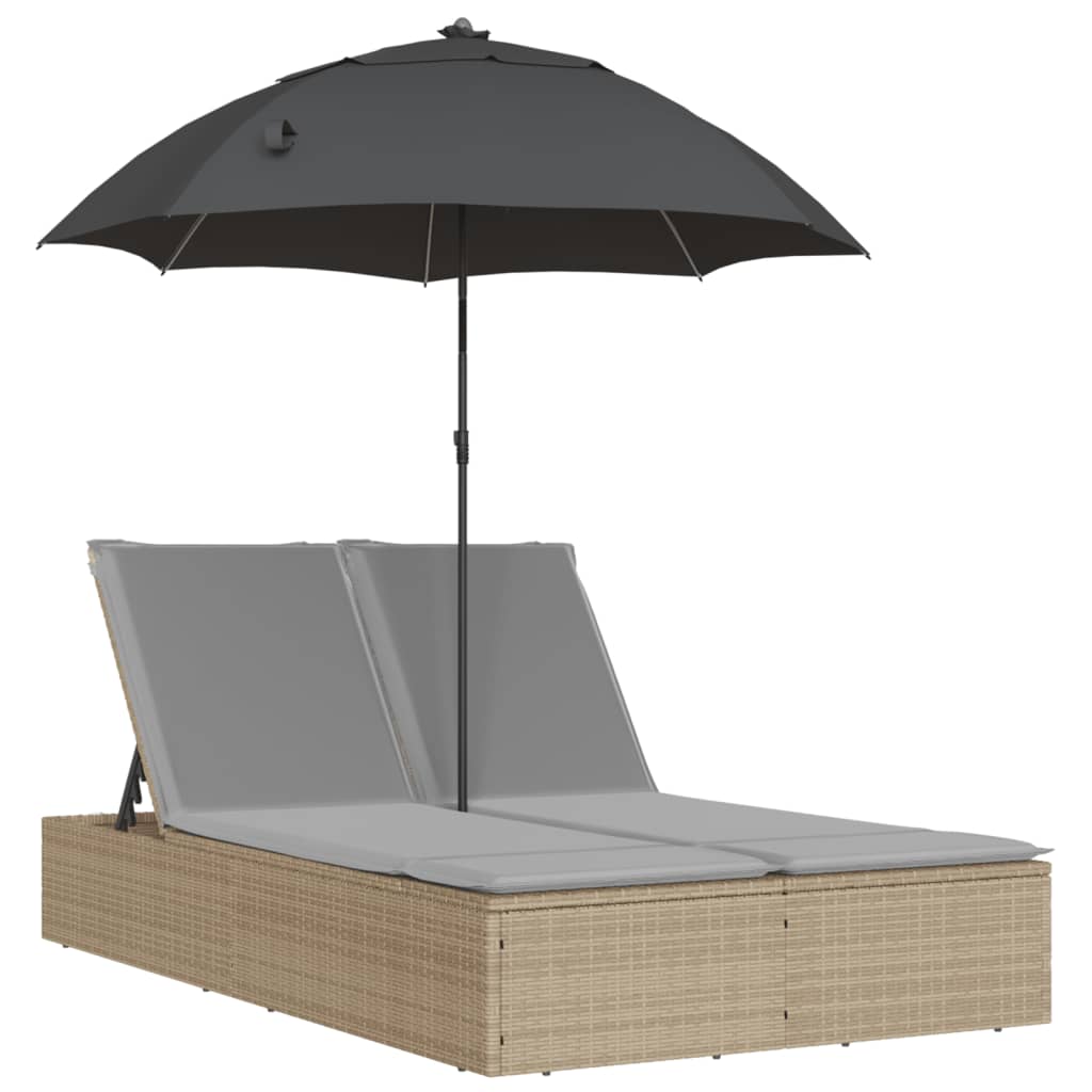 Lettino Prendisole Doppio Cuscini e Parasole Beige Polyrattan - homemem39